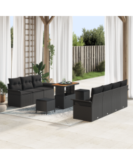 Ensemble de Canapé de Jardin de 10 Pièces avec Coussins Noir Poly Rattan Acacia | Mobilier & Déco