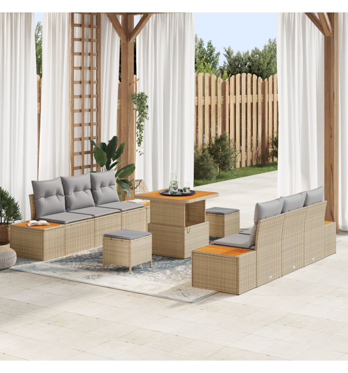 Ensemble de Sofa de Jardin 9 Pièces avec Coussins Beige Rotin Poly Acacia | Mobilier & Déco