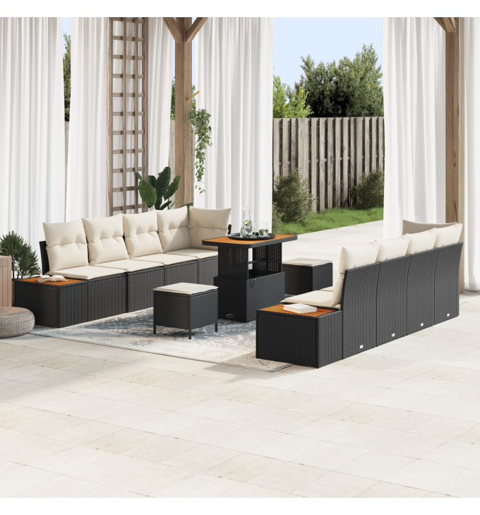 Ensemble de canapé de jardin 11 pièces avec coussins rattan poly noir acacia | Mobilier & Déco