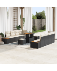 Ensemble de canapé de jardin 11 pièces avec coussins rattan poly noir acacia | Mobilier & Déco