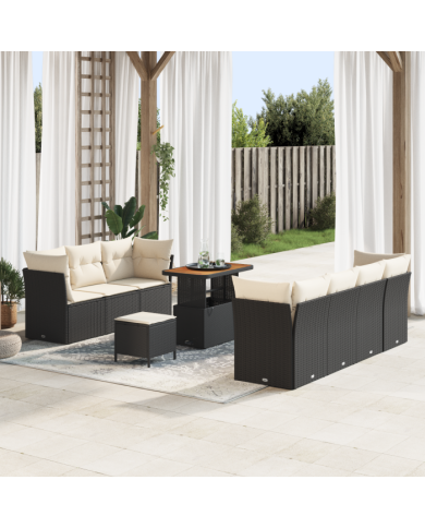 Ensemble de Canapé de Jardin 10 Pièces avec Coussins Noir Poly Rattan Acacia | Mobilier & Déco