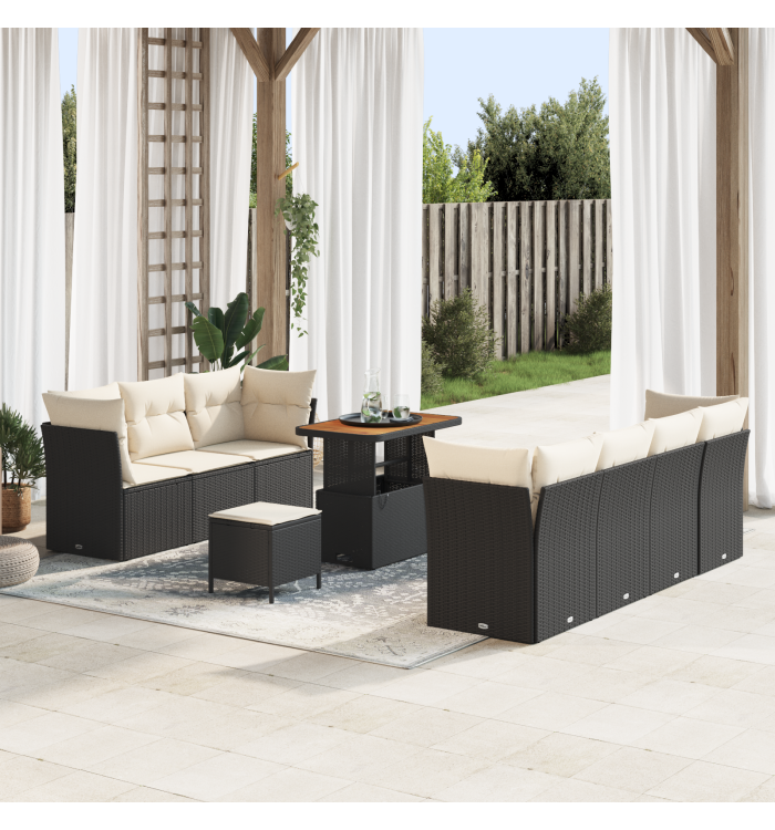 Ensemble de Canapé de Jardin 10 Pièces avec Coussins Noir Poly Rattan Acacia | Mobilier & Déco