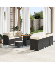 Ensemble de Canapé de Jardin 10 Pièces avec Coussins Noir Poly Rattan Acacia | Mobilier & Déco
