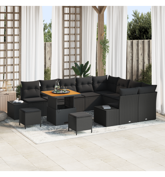 Ensemble de sofa de jardin 12 pièces avec coussins Noir Poly rotin Acacia | Mobilier & Déco
