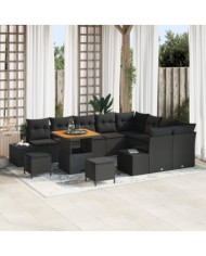 Ensemble de sofa de jardin 12 pièces avec coussins Noir Poly rotin Acacia | Mobilier & Déco