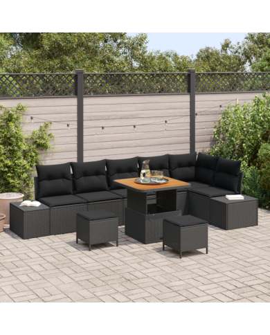 Ensemble de canapés de jardin 9 pièces avec coussins noir poly rotin acacia | Mobilier & Déco