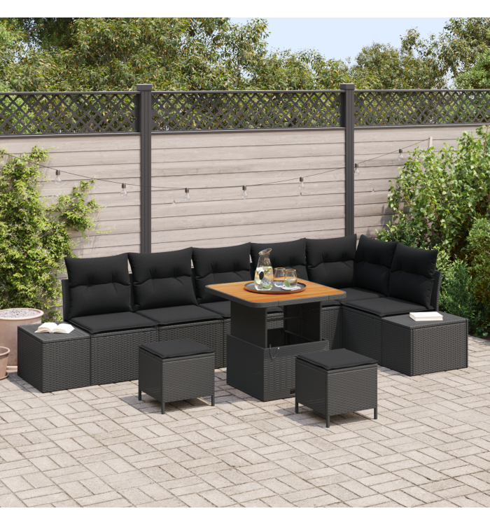 Ensemble de canapés de jardin 9 pièces avec coussins noir poly rotin acacia | Mobilier & Déco