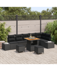 Ensemble de canapés de jardin 9 pièces avec coussins noir poly rotin acacia | Mobilier & Déco