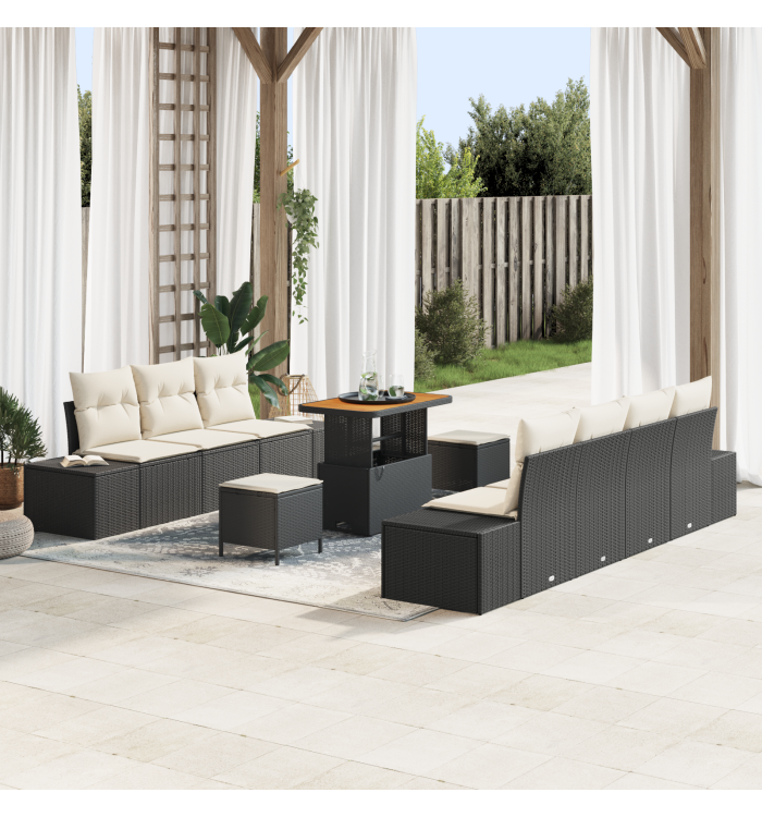 Ensemble canapé jardin 10 pièces avec coussins noir poly rotin acacia | Mobilier & Déco