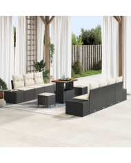 Ensemble canapé jardin 10 pièces avec coussins noir poly rotin acacia | Mobilier & Déco