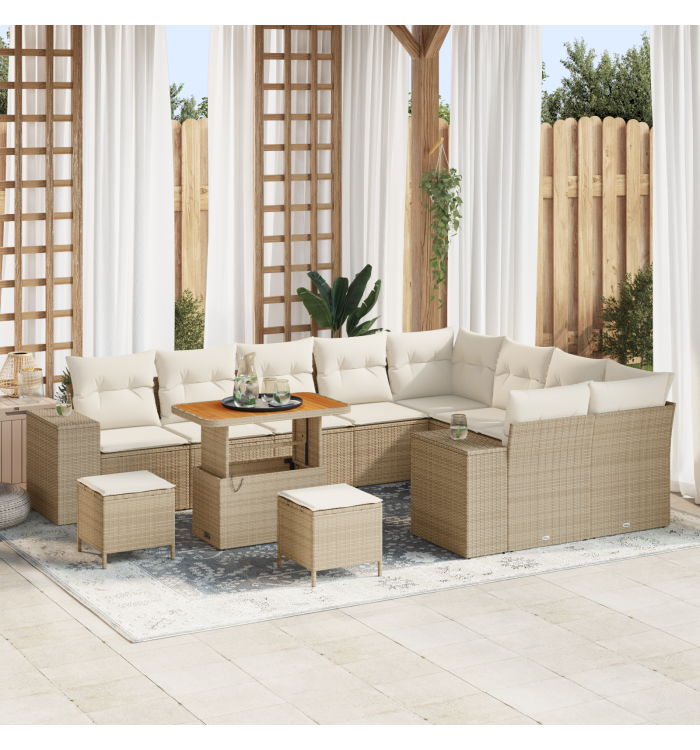 Canapé de Jardin 12 pièces avec Coussins Beige Poly Rattan Acacia | Mobilier & Déco