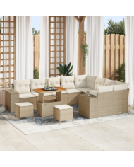 Canapé de Jardin 12 pièces avec Coussins Beige Poly Rattan Acacia | Mobilier & Déco