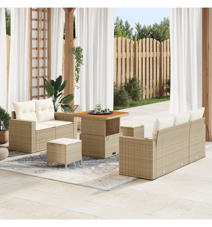 Canapé de jardin 8 pièces avec coussins Rattan poly beige, Salle à manger de jardin 3 pièces avec coussins Rattan poly beige | M