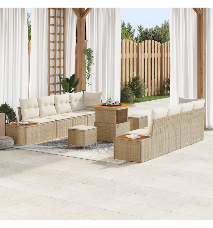 Ensemble de salon de jardin 11 pièces avec coussins Beige Poly Rattan Acacia | Mobilier & Déco