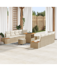 Ensemble de salon de jardin 11 pièces avec coussins Beige Poly Rattan Acacia | Mobilier & Déco
