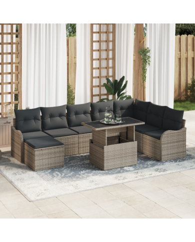 Ensemble de Canapé de Jardin 9 Pièces avec Coussins Rattan Poly Gris, Canapé de Jardin 2 Places avec Coussins Rattan Poly Gris |