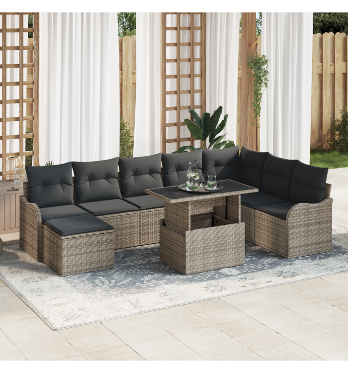 Ensemble de Canapé de Jardin 9 Pièces avec Coussins Rattan Poly Gris, Canapé de Jardin 2 Places avec Coussins Rattan Poly Gris |