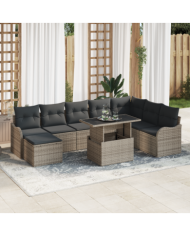 Ensemble de Canapé de Jardin 9 Pièces avec Coussins Rattan Poly Gris, Canapé de Jardin 2 Places avec Coussins Rattan Poly Gris |