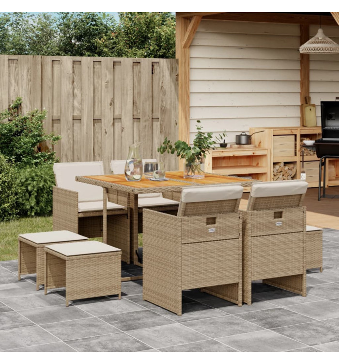 Ensemble à manger de jardin et coussins 9 pcs beige Poly rotin | Mobilier & Déco