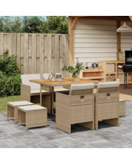 Ensemble à manger de jardin et coussins 9 pcs beige Poly rotin | Mobilier & Déco