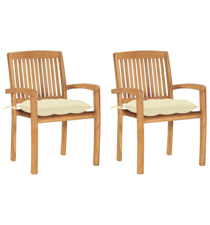 Chaises de jardin lot de 2 et coussins blanc crème Bois de teck | Mobilier & Déco