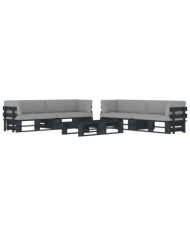 Salon de jardin palette 6pcs avec coussins Pin imprégné de noir | Mobilier & Déco