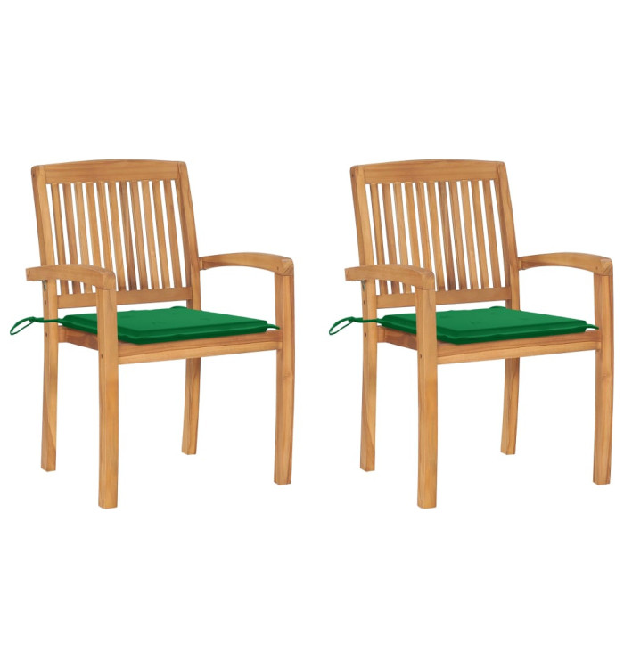 Chaises de jardin lot de 2 et coussins vert Bois de teck massif | Mobilier & Déco