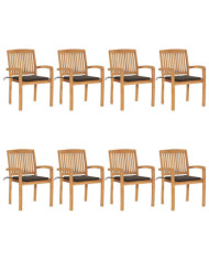 Chaises de jardin empilables avec coussins lot de 8 Teck solide | Mobilier & Déco