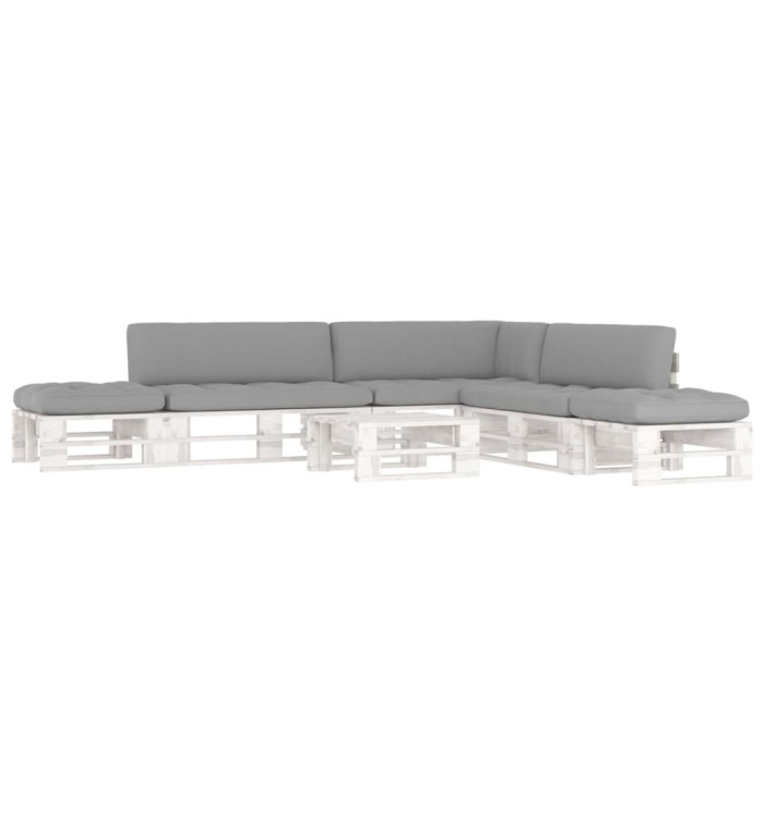 Salon de jardin palette 6 pcs et coussins Pin imprégné de blanc | Mobilier & Déco