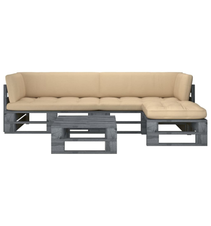 Salon de jardin palette 4pcs avec coussins Pin imprégné de gris | Mobilier & Déco