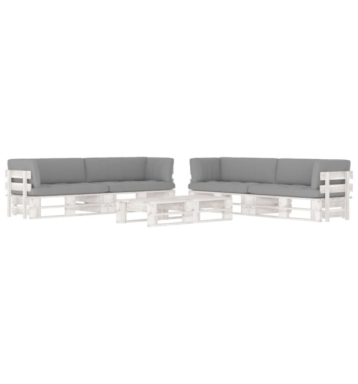 Salon de jardin palette 6 pcs et coussins Pin imprégné de blanc | Mobilier & Déco