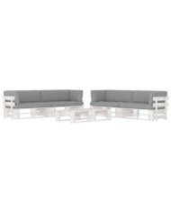 Salon de jardin palette 6 pcs et coussins Pin imprégné de blanc | Mobilier & Déco