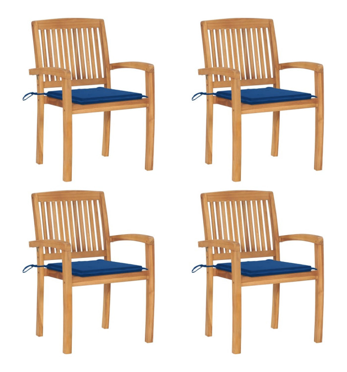 Chaises de jardin empilables avec coussins lot de 4 Teck solide | Mobilier & Déco