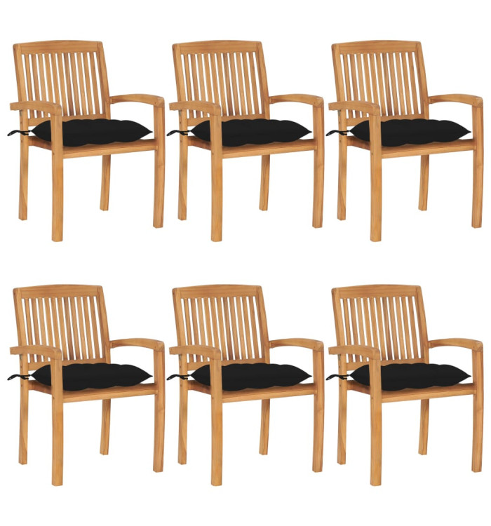 Chaises de jardin empilables avec coussins lot de 6 Teck solide | Mobilier & Déco