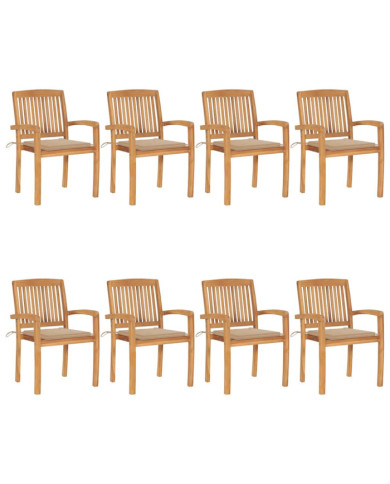 Chaises de jardin empilables avec coussins lot de 8 Teck solide | Mobilier & Déco