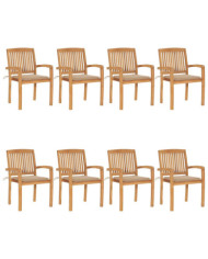 Chaises de jardin empilables avec coussins lot de 8 Teck solide | Mobilier & Déco