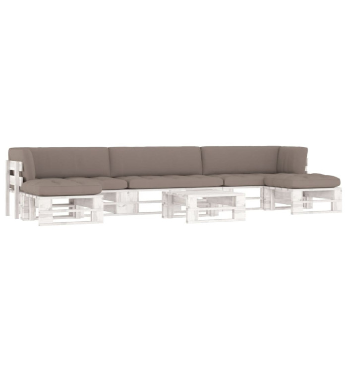 Salon de jardin palette 6 pcs et coussins Pin imprégné de blanc | Mobilier & Déco
