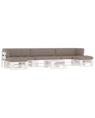 Salon de jardin palette 6 pcs et coussins Pin imprégné de blanc | Mobilier & Déco