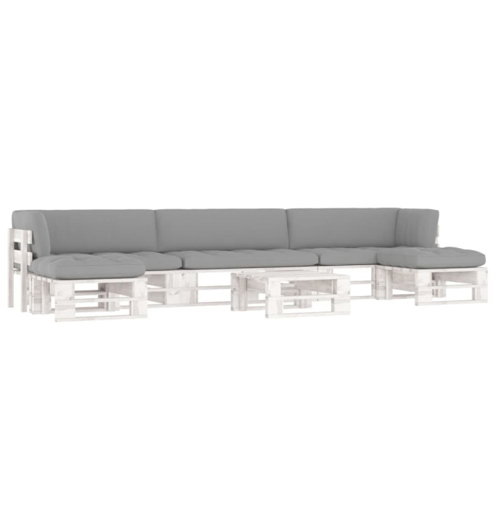 Salon de jardin palette 6 pcs et coussins Pin imprégné de blanc | Mobilier & Déco