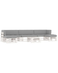 Salon de jardin palette 6 pcs et coussins Pin imprégné de blanc | Mobilier & Déco
