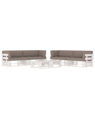 Salon de jardin palette 6 pcs et coussins Pin imprégné de blanc | Mobilier & Déco