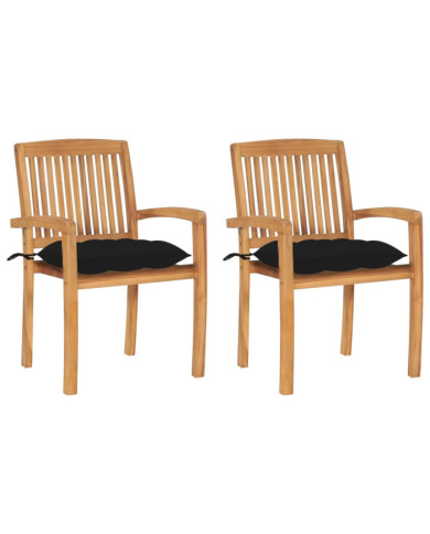 Chaises de jardin lot de 2 et coussins noir Bois de teck massif | Mobilier & Déco