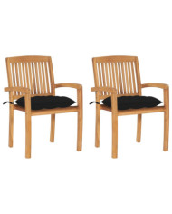 Chaises de jardin lot de 2 et coussins noir Bois de teck massif | Mobilier & Déco