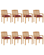 Chaises de jardin empilables avec coussins lot de 8 Teck solide | Mobilier & Déco