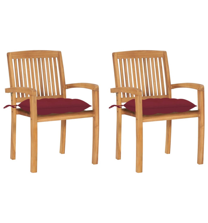 Chaises de jardin lot de 2 avec coussins bordeaux Teck massif | Mobilier & Déco