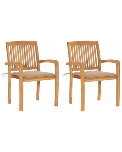 Chaises de jardin lot de 2 et coussins beige Bois teck massif | Mobilier & Déco