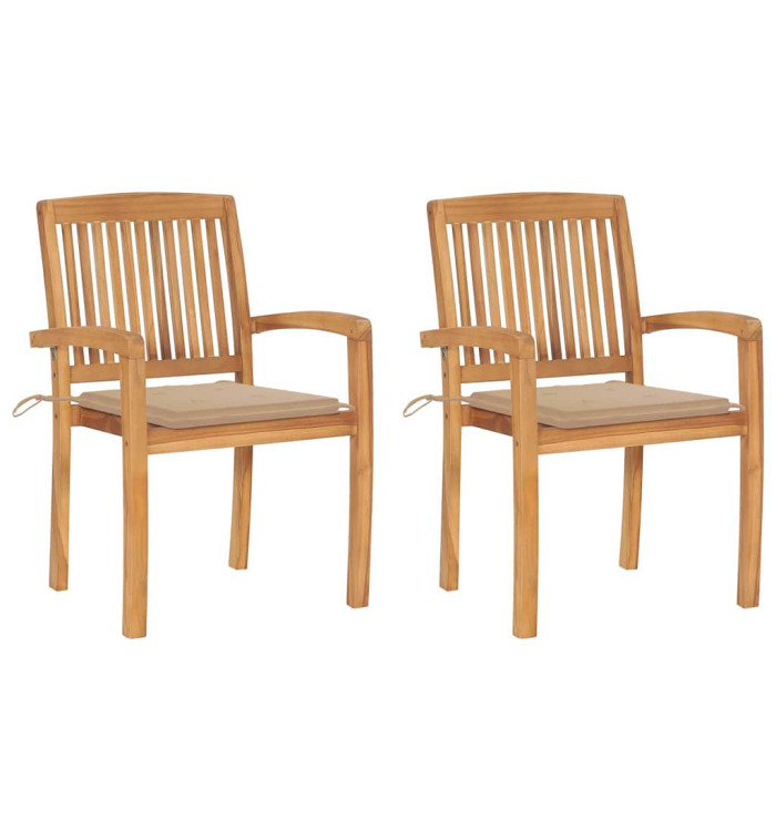 Chaises de jardin lot de 2 et coussins beige Bois teck massif | Mobilier & Déco
