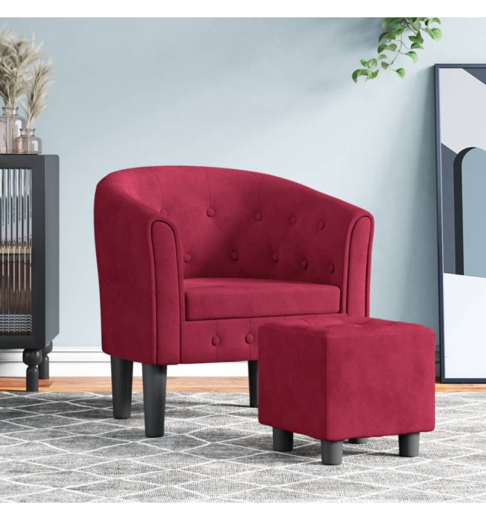Fauteuil avec repose-pied rouge bordeaux velours | Mobilier & Déco