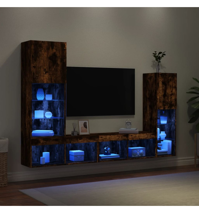 Unités murales TV avec LED 4 pcs chêne fumé bois d'ingénierie | Mobilier & Déco