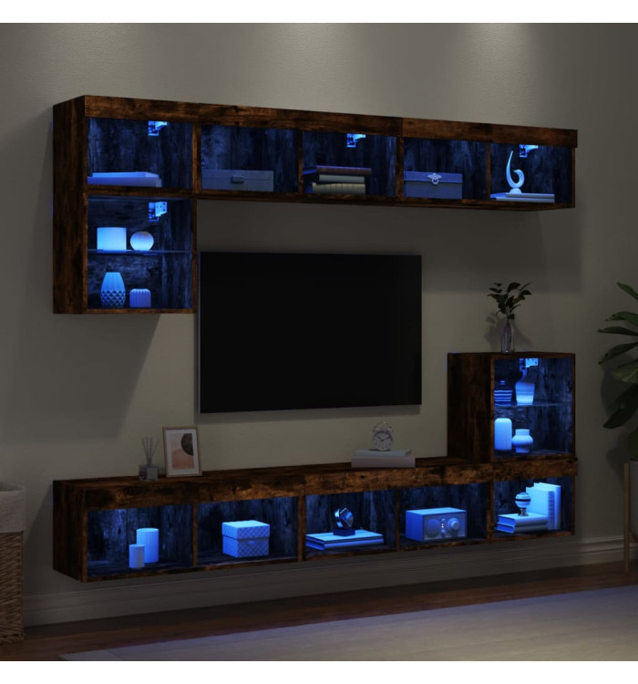 Unités murales TV avec LED 8 pcs chêne fumé bois d'ingénierie | Mobilier & Déco